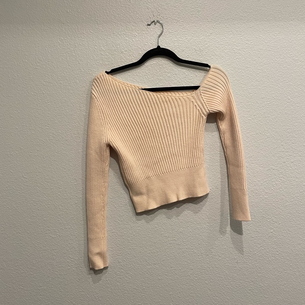 Beige off the shoulder cut out cropped sweater - Picture 2 of 5